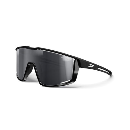 Julbo Eyewear’s Fury Black Series sports sunglasses feature large wraparound Black Spectron 3 lenses, a thin frame with a small white temple logo—perfect for high-performance use.
