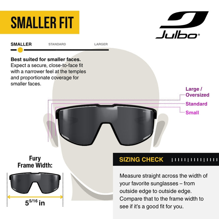 Julbo Smaller Fit guide graphic showing a pair of shield-style sunglasses on a head silhouette, with text explaining fit for smaller faces, frame width measurement, and size labels.