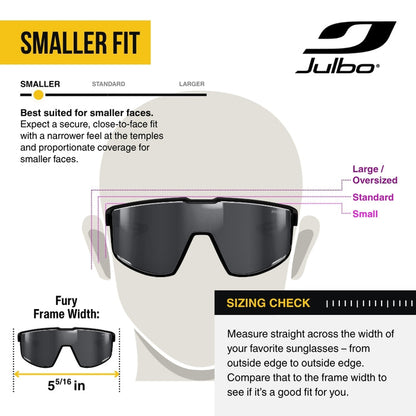 Julbo Smaller Fit guide graphic showing a pair of shield-style sunglasses on a head silhouette, with text explaining fit for smaller faces, frame width measurement, and size labels.
