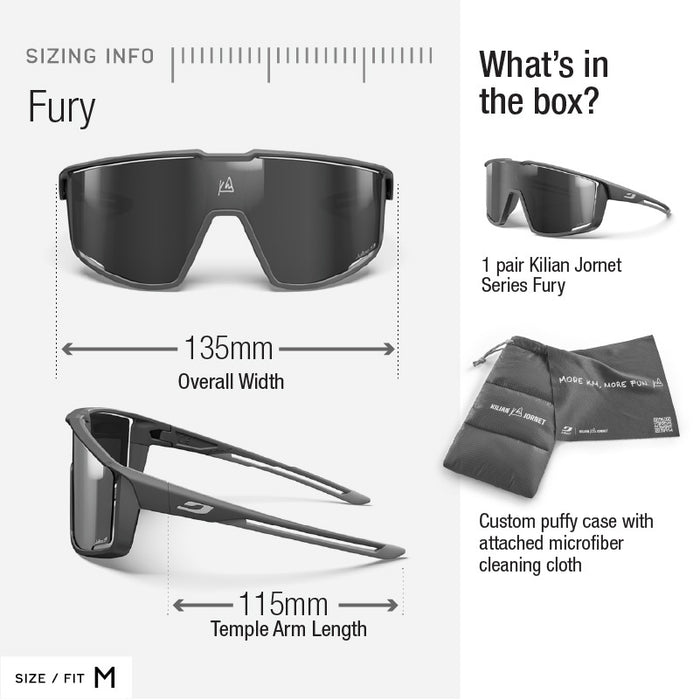 Sunglasses with sizing information and what's in the box details on a white background