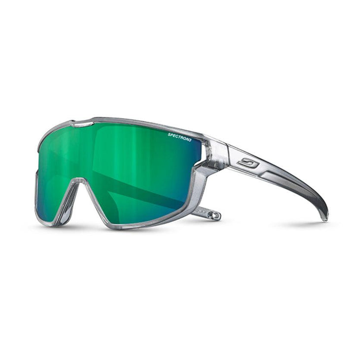 The Julbo-usa Fury Mini Kids sports sunglasses feature clear frames and large green mirrored lenses with a wraparound design and bold temple logo—ideal for kids’ pump track adventures. #color_glossy-translucent-gray-with-spectron-3-lens