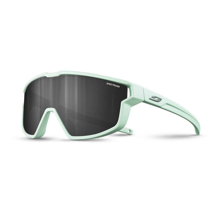 Julbo-usa Fury Mini Kids sunglasses in light green feature large, dark rectangular lenses and a wraparound frame, ideal for pump track sessions. Displayed at an angle on a white background. #color_matte-mint-with-spectron-3-lens