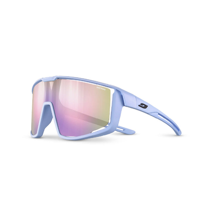 The Julbo-usa Fury S Kids are light blue youth sport sunglasses with a wraparound frame and a single wide, mirrored pink Spectron lens. #color_lilac-with-spectron-3-lens