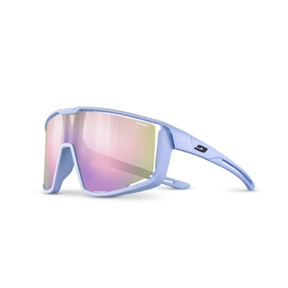 The Julbo-usa Fury S Kids are light blue youth sport sunglasses with a wraparound frame and a single wide, mirrored pink Spectron lens. #color_lilac-with-spectron-3-lens