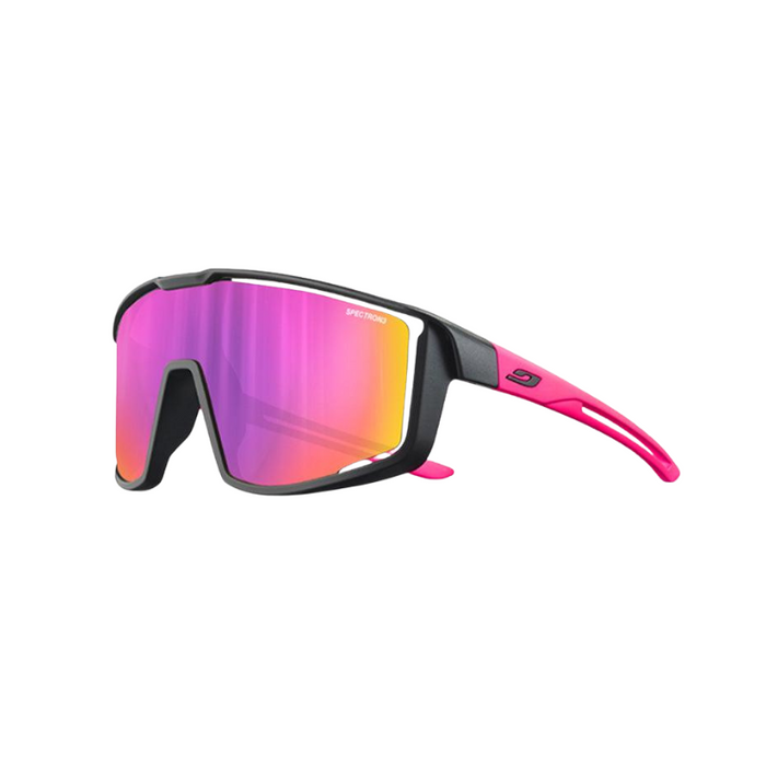 The Julbo-usa Fury S Kids youth sport sunglasses feature a black frame, pink arms, and mirrored pink-tinted Spectron lenses, shown on a white background. #color_black-pink-with-spectron-3-lens