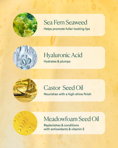 Key ingredients: sea fern seaweed for fuller-looking lips, hyaluronic acid for hydration, castor and meadowfoam oils for shine and nourishment