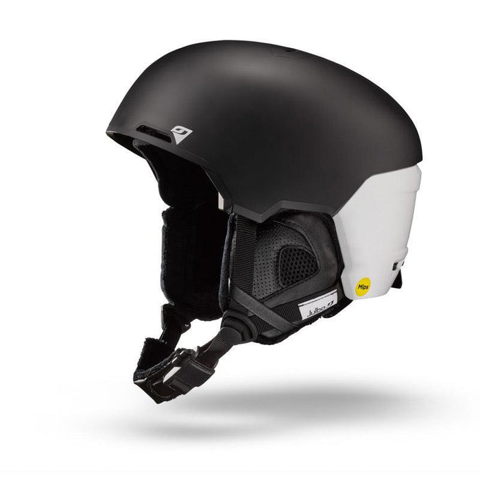 The Julbo Eyewear Hyperion - MIPS is a black and white ski or snowboard helmet featuring an attached chin strap, ear padding, mesh lining, and advanced MIPS technology for enhanced protection—ideal for backcountry freeride adventures.