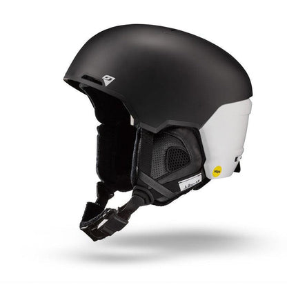 The Julbo Eyewear Hyperion - MIPS is a black and white ski or snowboard helmet featuring an attached chin strap, ear padding, mesh lining, and advanced MIPS technology for enhanced protection—ideal for backcountry freeride adventures.