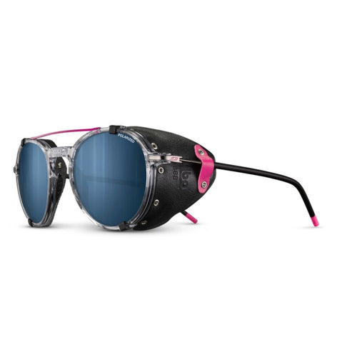 A pair of steampunk-style aviator sunglasses featuring round blue mirrored lenses, a black textured metal frame with silver screws, a clear plastic front, and bright pink accents on the hinges and temple tips. #color_translucent-crystal-rose-with-spectron-3-polarized-lens