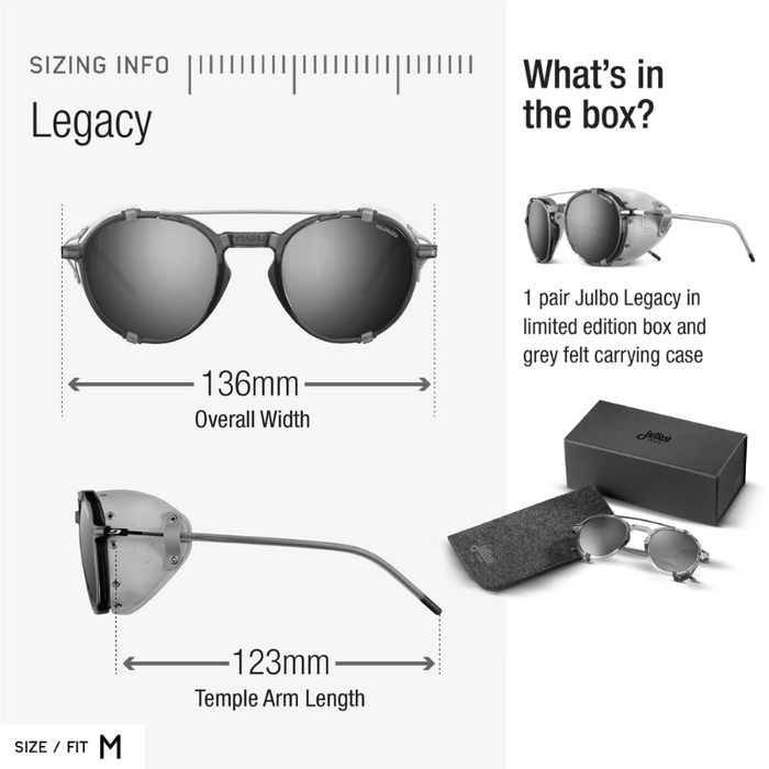 Legacy sunglasses sizing information and what's included in the box
