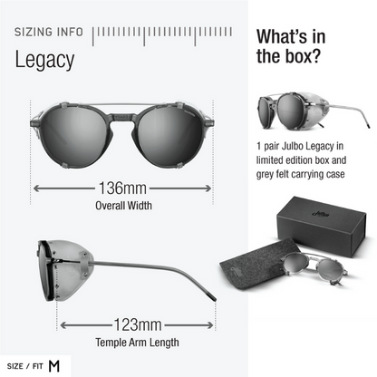 Legacy sunglasses sizing information and what's included in the box