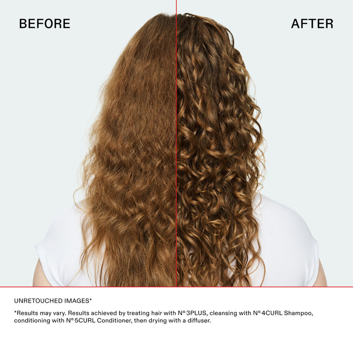 Before and after results of using Olaplex N°4Curl Bond Shaper Hydrating Curl Shampoo