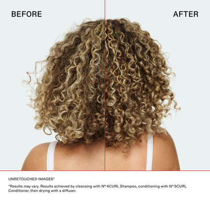 Before and after results of using Olaplex N°4Curl Bond Shaper Hydrating Curl Shampoo