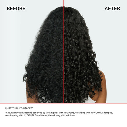 Before and after results of using Olaplex N°4Curl Bond Shaper Hydrating Curl Shampoo