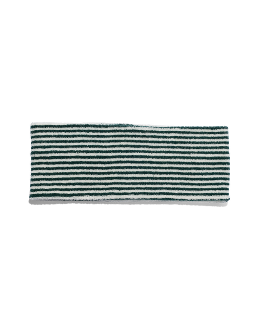 Green and white striped reusable headband on white background for ecommerce display