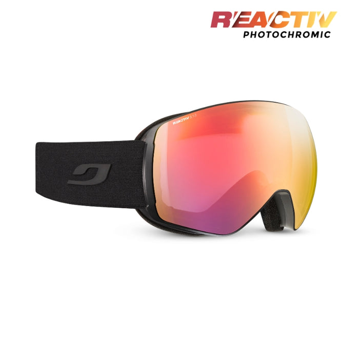 A pair of black snow goggles with a large shield lens featuring a red-to-yellow iridescent gradient, shown on a white background with a 'REACTIV PHOTOCHROMIC' logo in the top right. #color_black-with-reactiv-1-3-high-contrast-lens