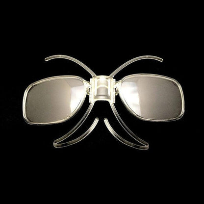 A pair of Julbo Eyewear Sunglass & Goggle Optical Clips for Prescription Inserts are arranged on a black background, their clear plastic frames forming a butterfly shape. #color_adult-goggle-optical-clips-for-prescription-insert