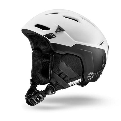 The Julbo-usa THE Peak TwICEme is a white and black freeride ski helmet with padded ear covers, adjustable chin strap, multiple vents, twICEme safety tech, and the Julbo logo on the side. #color_white