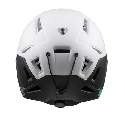 The Julbo-usa THE Peak TwICEme is a white and black freeride ski helmet seen from the back, with multiple vents, a logo, twICEme tech, and an adjustable retention system featuring a black cord. #color_white