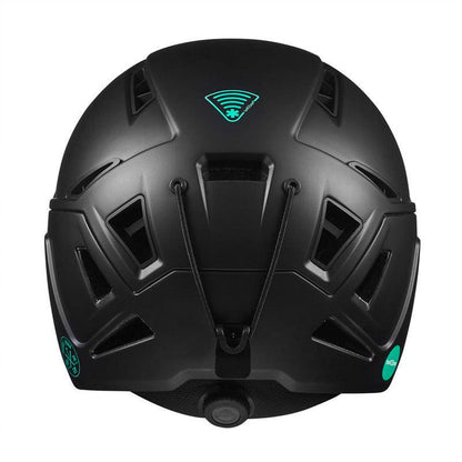 Rear view of the Julbo-usa THE Peak TwICEme ski helmet in black, featuring ventilation openings, a central cord, round rear adjustment dial, two small green stickers, and twICEme tech—ideal for freeride adventures. #color_black