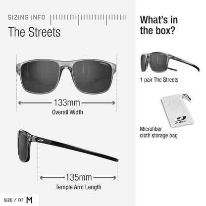 Julbo Eyewear’s The Streets sunglasses offer ergonomic comfort with a 133mm frame width and 135mm temple arms. Sized M, they include a microfiber storage bag for convenience.