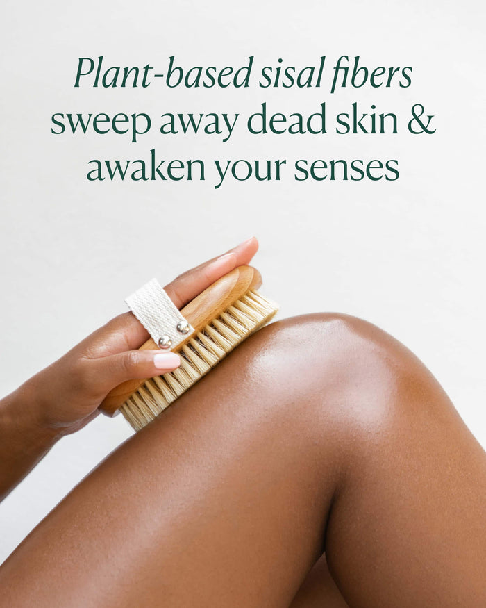 Person using a brush on their leg with text about plant-based sisal fibers.