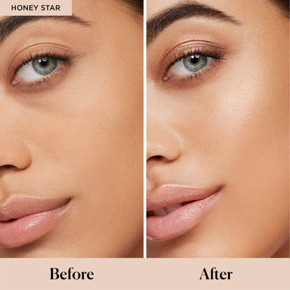 Before and after results of using Laura Mercier Translucent Loose Setting Powder Light Catcher variant: Honey Star
