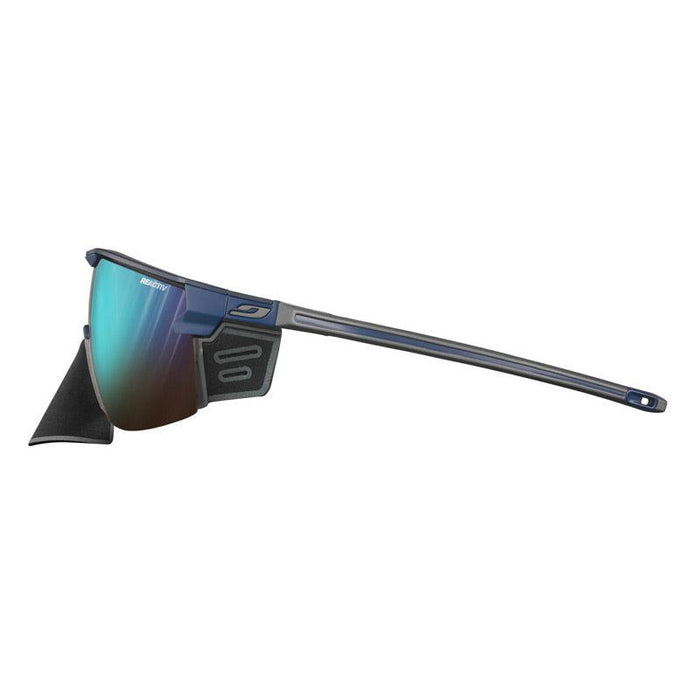 Side view of Julbo Eyewear Ultimate Cover Sunglasses Parts featuring blue-tinted lenses, thin dark frame, temple arms, and detachable black side shields. #color_ultimate-cover-side-shields-pair-black-grey