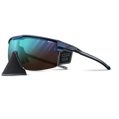 Julbo Eyewear Ultimate Cover Sunglasses Parts are shown on a white background, featuring reflective lenses, a detachable black nose piece, and sleek temple arms. #color_ultimate-cover-nose-cover-black
