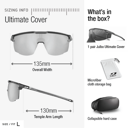 A product information graphic for the Ultimate Cover sunglasses lens. It shows sizing info with overall width 135mm and temple arm length 130mm, alongside what's in the box: 1 pair of Julbo Ultimate Cover sunglasses, a microfiber cloth storage bag, and a collapsible hard case. #color_black-blue-with-reactiv-0-4-high-contrast-lens