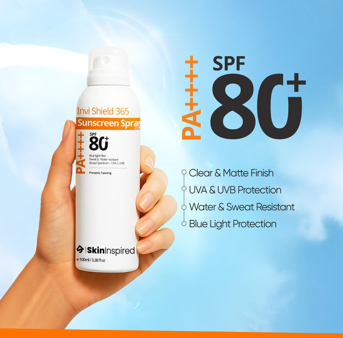 Invi Shield 365 Body Sunscreen Spray SPF 80 PA++++ a sun spray for body for a clear & matte finish with UVA& UVB protection, water & sweat resistant and blue light protection