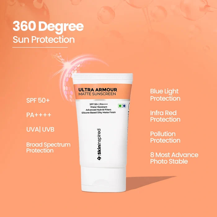 SkinInspired Ultra Armour sunscreen highlighting 360 degree broad spectrum sun protection like, blue light protection, infra red protection, pollution protection, 8 most advance stable.