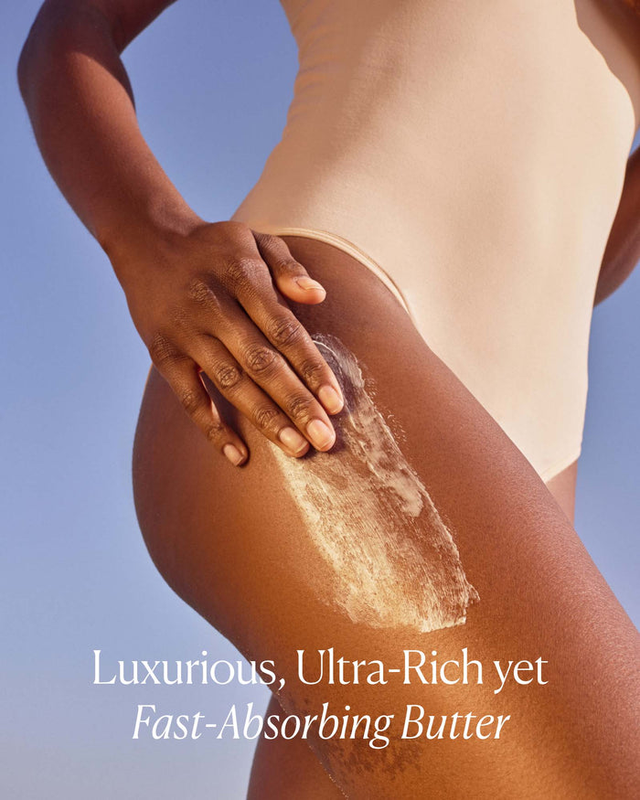 Ultra-rich body butter applied to thigh demonstrating fast-absorbing, nourishing texture