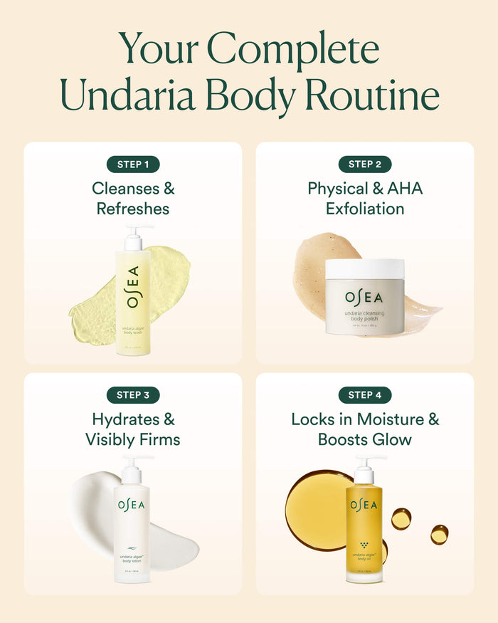 OSEA skincare product set with step-by-step routine on a beige background