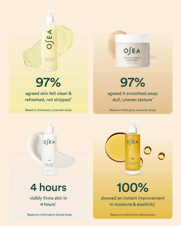 Osea skincare products with text on a beige background