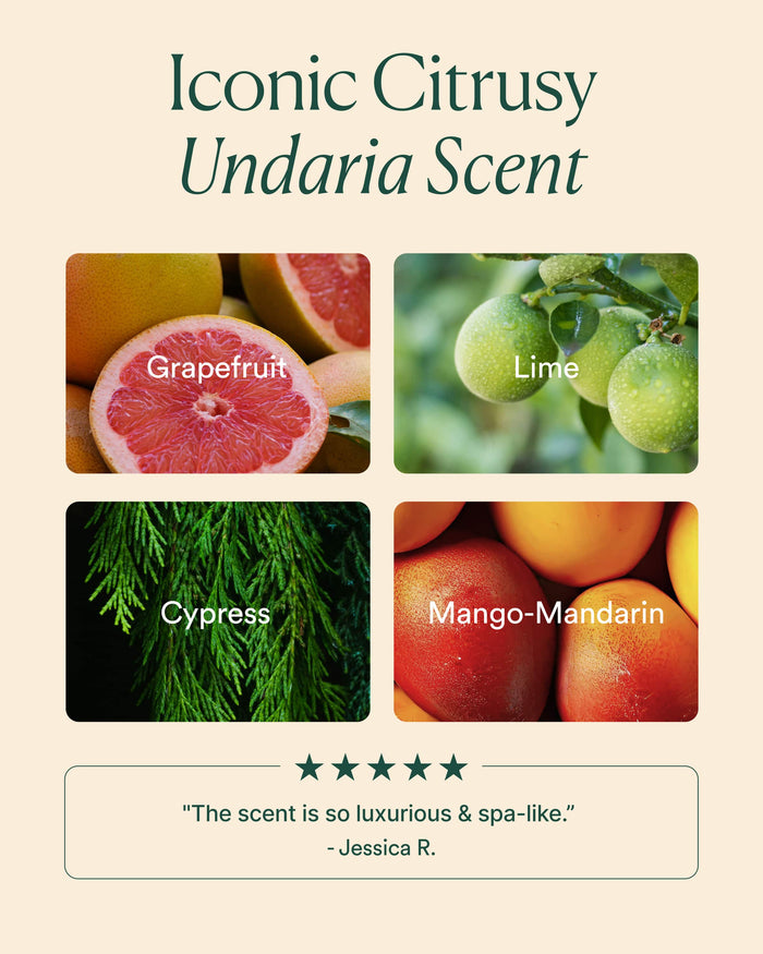 Promotional graphic for citrusy scents with images of grapefruit, lime, cypress, and mango-mandarin.