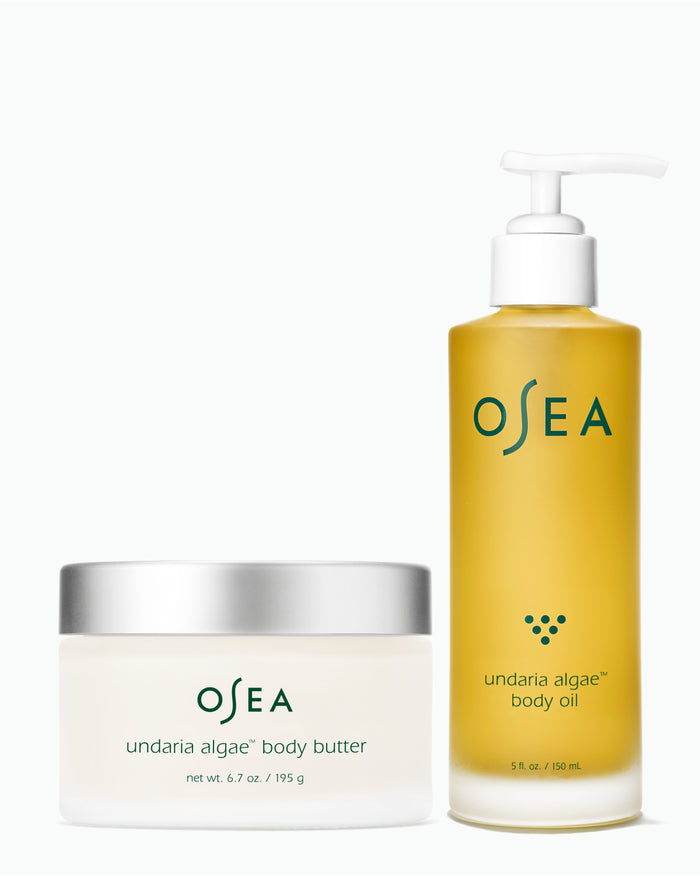 OSEA undaria algae body butter and body oil on a white background