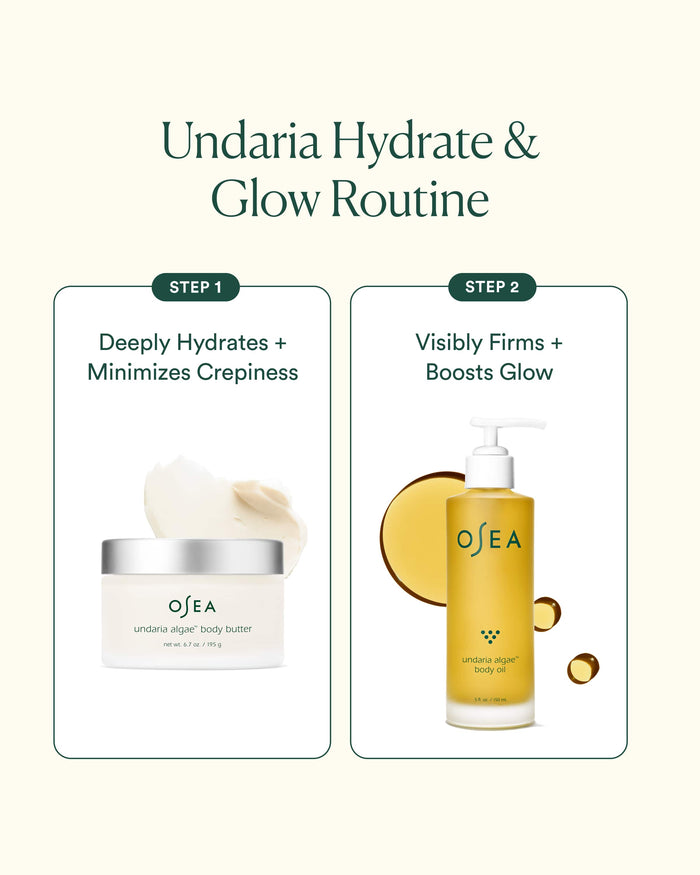 OSEA skincare products with 'Undaria Hydrate & Glow Routine' text on a light beige background