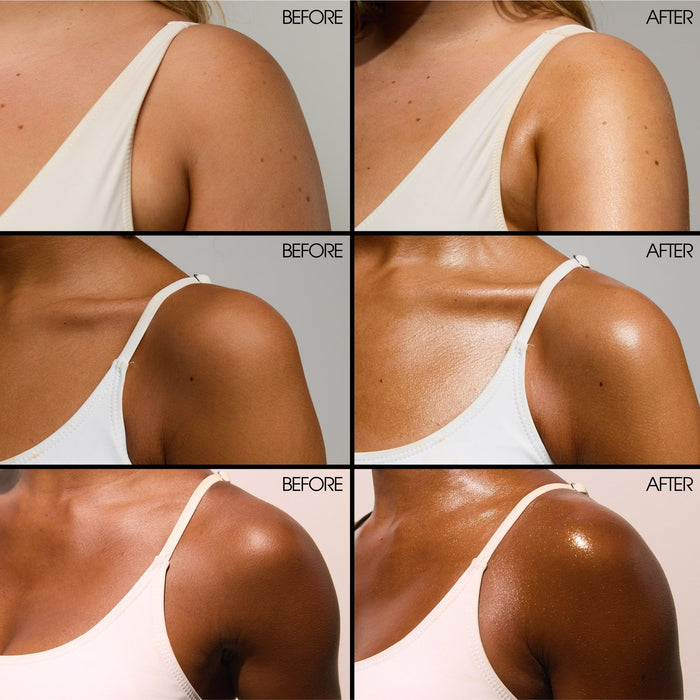 Before and after results of using Vacation "Vacation” Shimmer Oil SPF 30