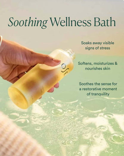 Vagus Nerve Bath Oil poured into bath with on-image text highlighting stress relief and skin-softening benefits