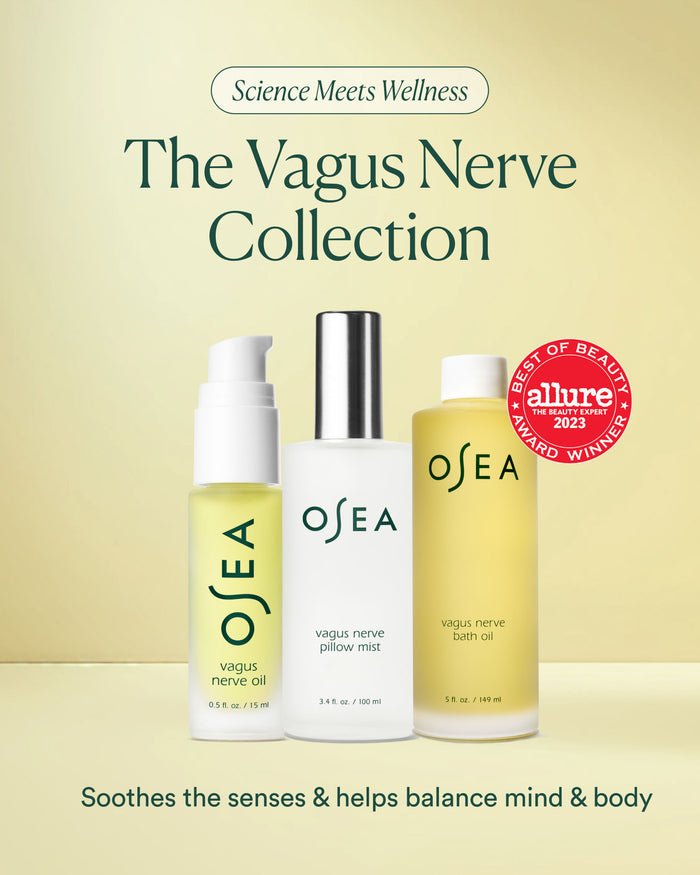 Vagus Nerve Collection lineup featuring bath oil, pillow mist, and body oil with award badge