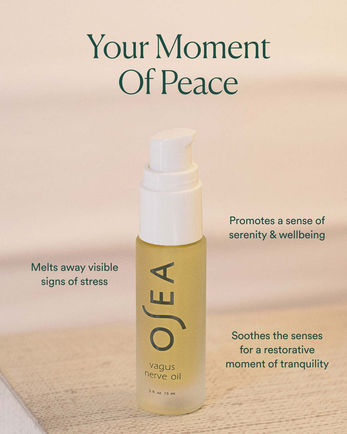 Lifestyle image of Vagus Nerve Oil with “Your Moment of Peace” messaging highlighting stress relief and serenity benefits