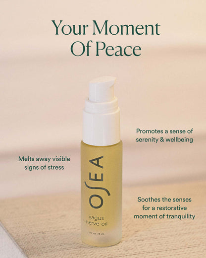 Lifestyle image of Vagus Nerve Oil with “Your Moment of Peace” messaging highlighting stress relief and serenity benefits