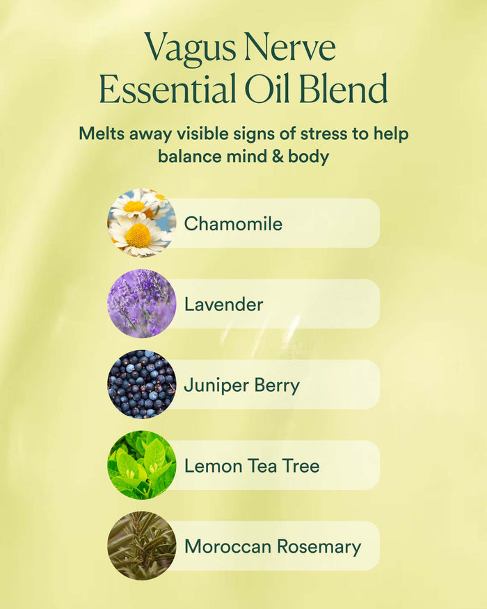 Ingredient highlight graphic showing chamomile, lavender, juniper berry, lemon tea tree and Moroccan rosemary