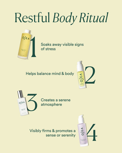Restful Body Ritual graphic showing bath oil, vagus nerve oil, pillow mist and Dream Collection with Bio-Retinol products layered for a calming nighttime routine