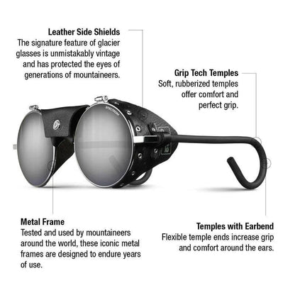 The Julbo-usa Vermont Classic features round glacier glasses with leather side shields, a metal frame, and rubberized grip tech temples for durable, comfortable mountaineering, plus high-performance lenses. #color_chrome-black-with-spectron-4-lens