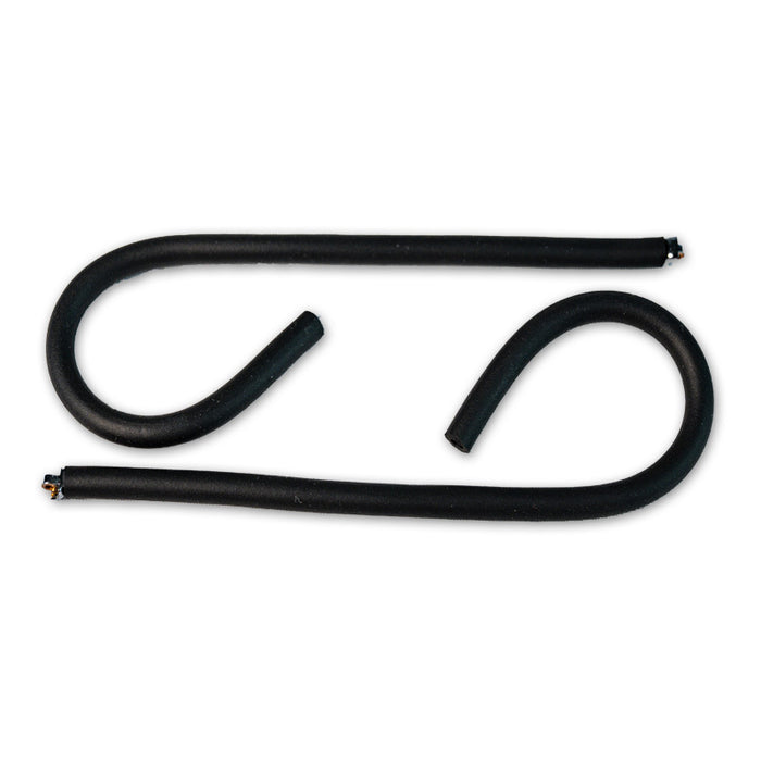 Two black, flexible rubber hoses with clipped ends are displayed on a white background, resembling replacement temple arms for Julbo USA Vermont Lenses & Parts. #color_vermont-temple-arms-pair-black