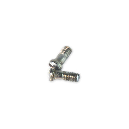 Two small silver metal screws from Julbo USA’s Vermont Lenses & Parts, ideal for fixing temple arms or side shields on Vermont Classic sunglasses, are shown on a white background, one screw placed atop the other. #color_vermont-temple-arms-pair-black
