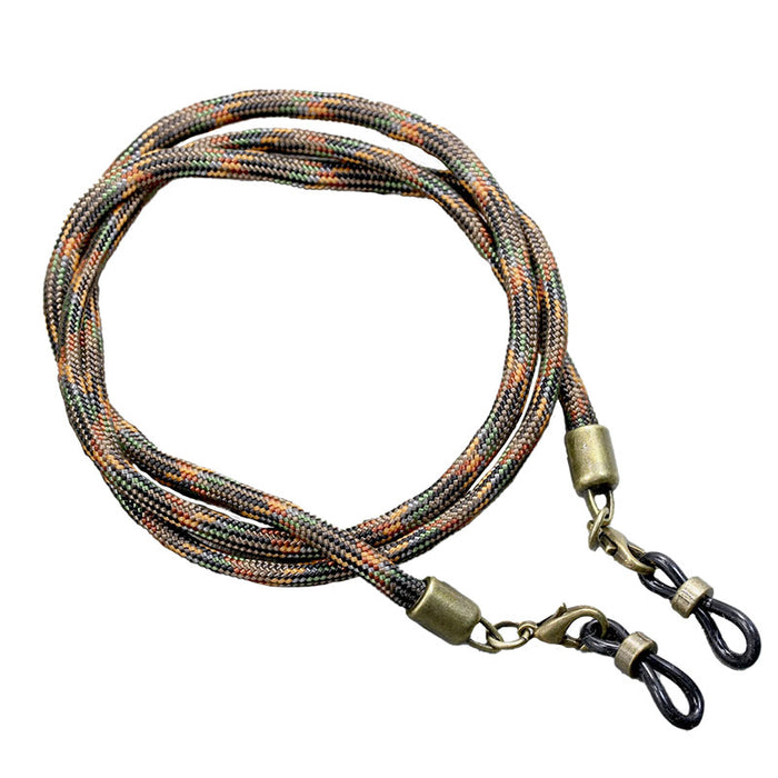 The Vintage Sunglass Lanyard by Julbo Eyewear is a braided multicolor cord with metal lobster clasps and black leather loops, offering a stylish, secure way to attach your favorite shades #color_vintage-sunglass-lanyard-maple-leaf