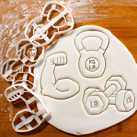 set of 3 weight training cookie cutters - kettlebell, dumbbells, and flexed bicep cookie cutters